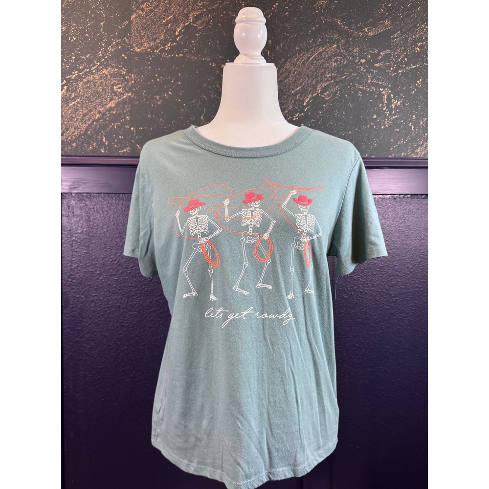 Zoe + Liv Graphic Tee Sage Green Let's Get Rowdy Skeleton Cowboy Mens Womens M